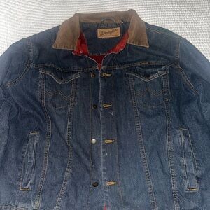 Wrangler Denim Jacket w/ Red Plaid Lining & Corduroy Collar-Size-L-Western Style